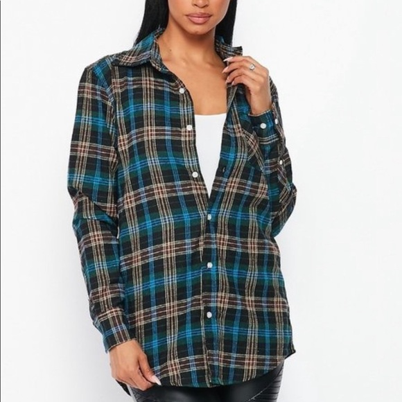 NEW FALL TRENDY BLUE GREEN MULTI PLAID FLANNEL LONG SLEEVE BUTTON DOWN SHIRT - Picture 1 of 7